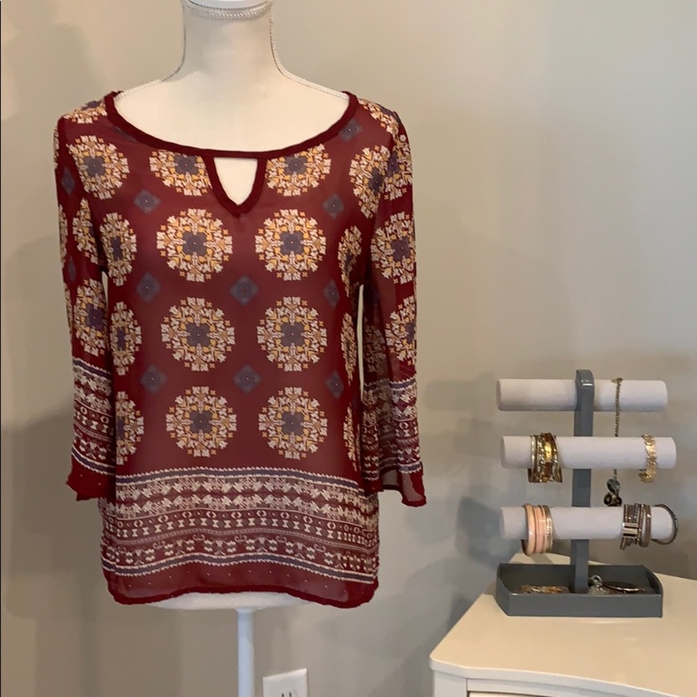 Burgundy Aztec sheer blouse